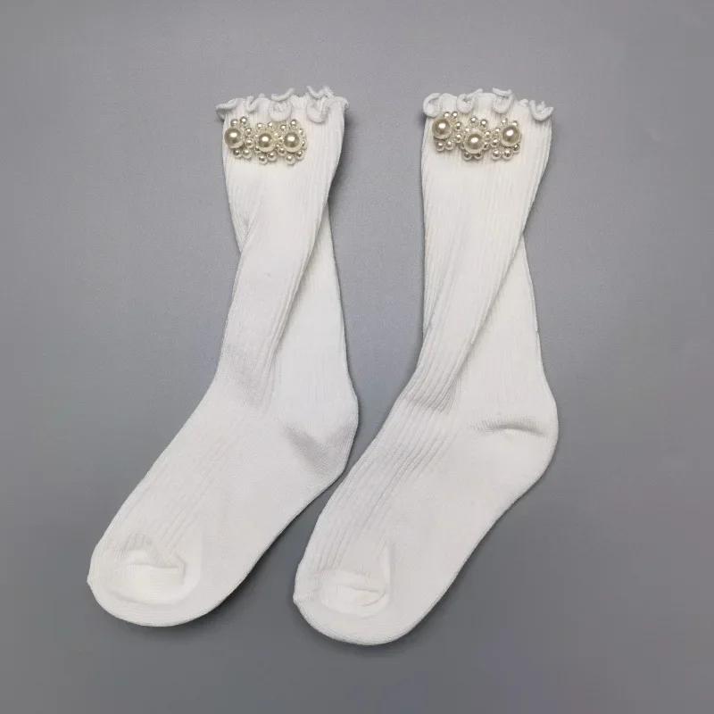 1 Pair Calf Sock for Baby Girls Cute Japanese Pearl Children Girls Over Calf Sock Spring  Autumn Ruffle Princess Lolita Sock