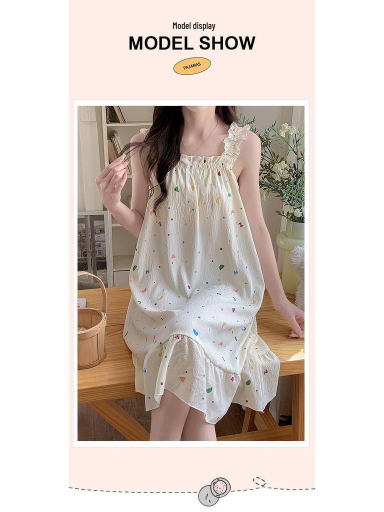 2026 Summer Women's Cartoon Padded Strappy Loose Nightgown Dress Pajamas - Sweet Outdoor Style