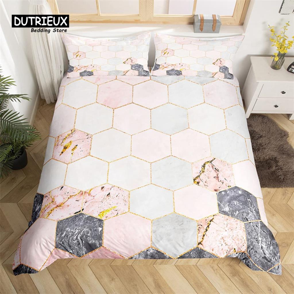 Marble Duvet Cover Set Microfiber Geometric Hexagone Quilt Cover Honeycomb Bedding Set Single King Queen For Kids Teens Adults