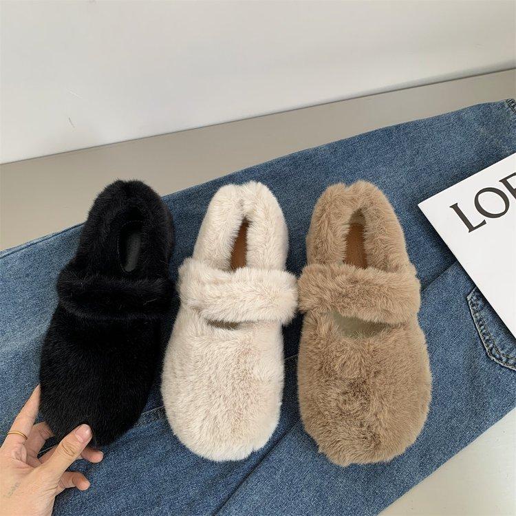 White Mary Jane Fluffy Shoes for Women's Winter Wear 2024 New Winter Velvet Soft-soled One-pedal Doudou Cotton Shoes