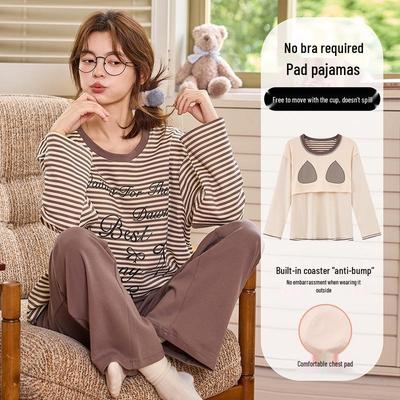 Autumn Round Neck Loose Long Sleeve & Pants Sleepwear Set with Chest Pad for Women