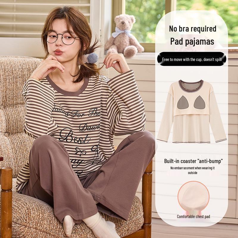 Women's Long-Sleeve Sweet Cartoon Homewear Set with Built-in Bra Pads - Spring/Autumn Cotton