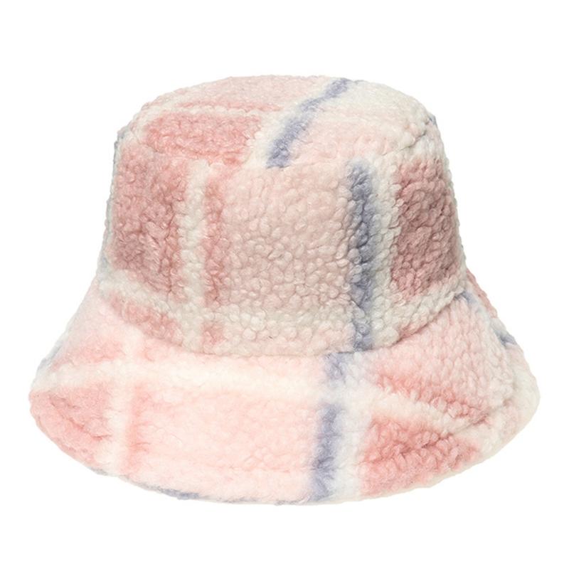 Color Patch Lattice Plush Basin Hat Small for Fresh Grid Fisherman Hat Plush Outdoor Trend Casual Autumn Winter All-matc