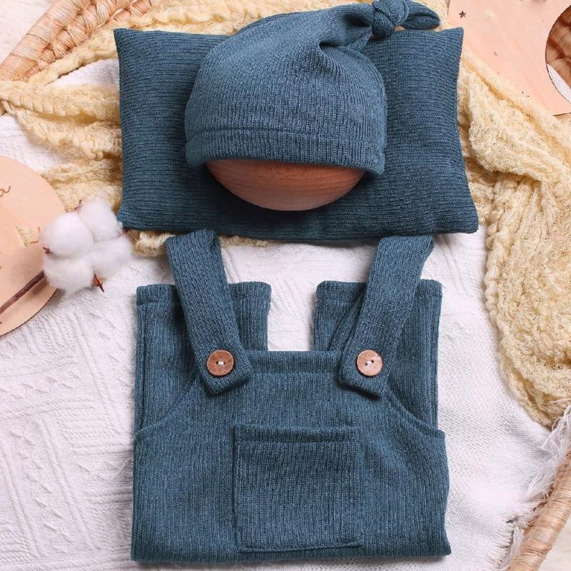 Infants Photo Shoots Apparel Set Solid Color Jumpsuits and Knotted Hat Pillow Photography Props for Baby Pictures Taking