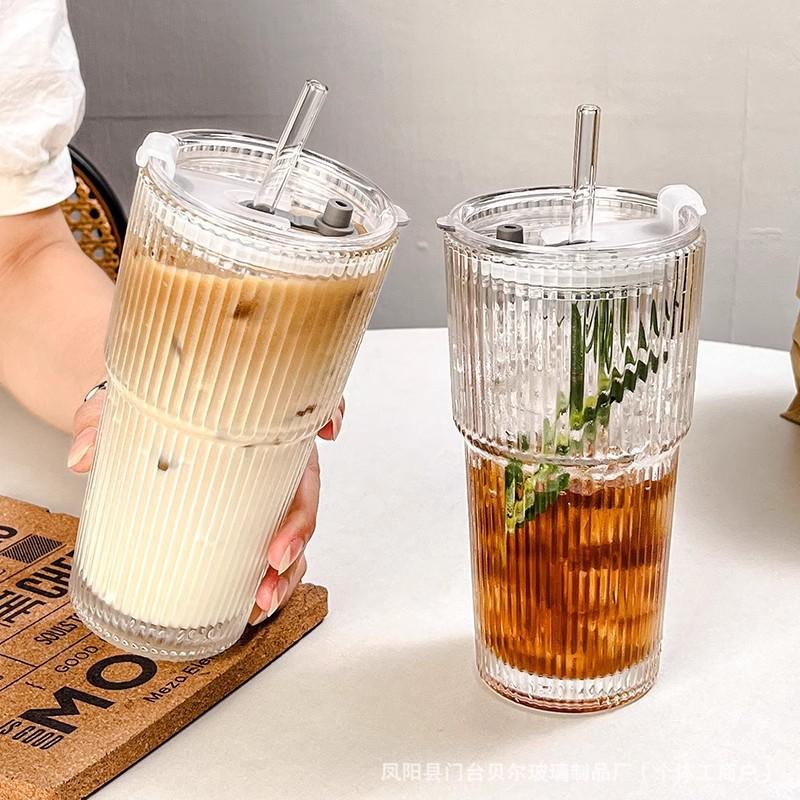 600ml Tall Striped Glass Tumbler With Lid Straw - Leakproof Premium Drinkware Cold Beverages Coffee Water