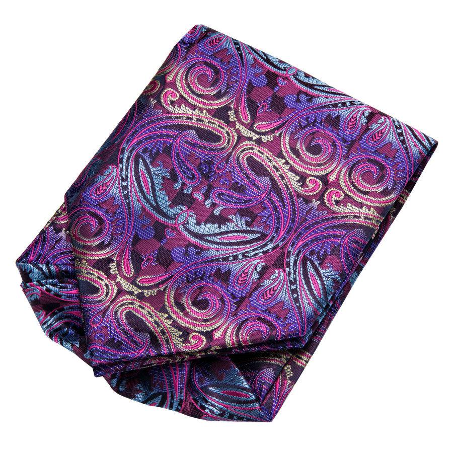 Hi-Tie Erkek Ascot Kravat Seti İpek Mor Paisley Kravat Mendil Kol Düğmesi Broş