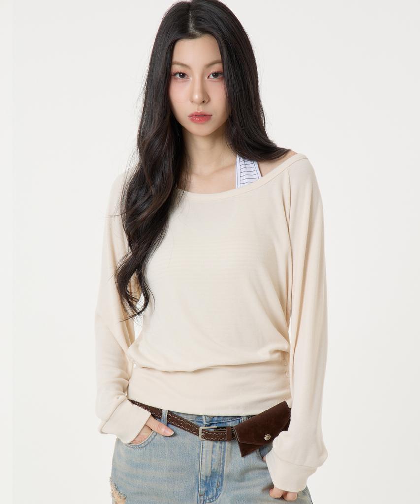 UNKNOWN PLANET [Set] Layered Striped Halter Top Long Sleeve T-Shirt Beige