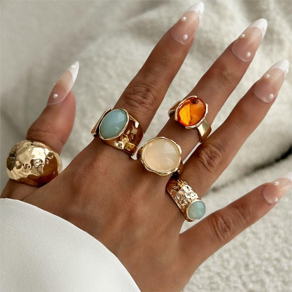 5Pcs/set Fashion Stone Decorated Stacked Ring Set Trendy Exquisite Rings Jewelry for Birthday Gift