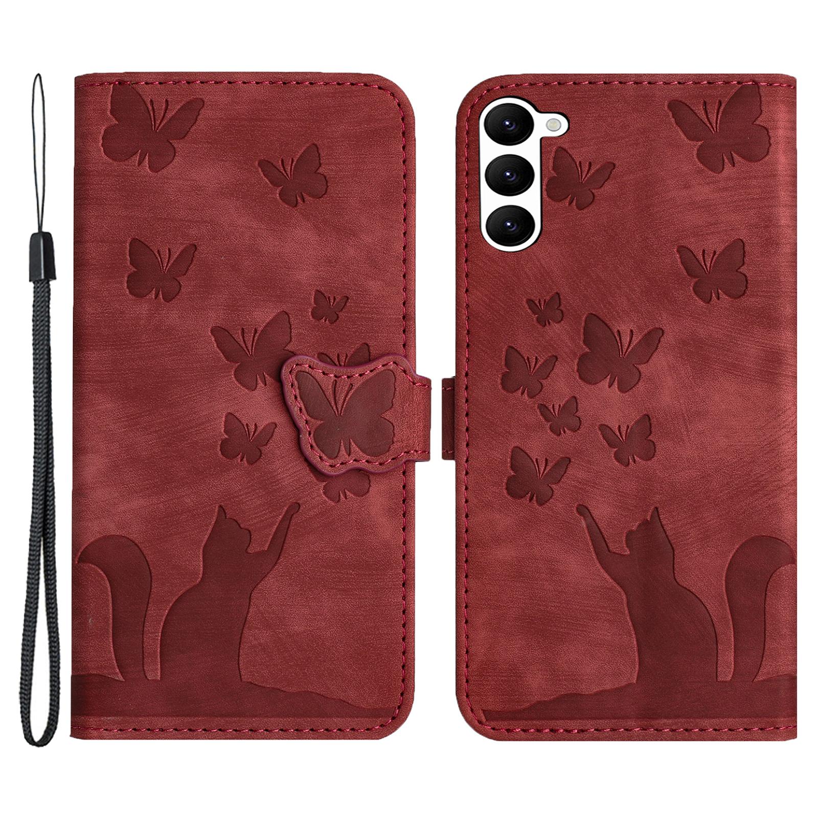 

For Samsung Galaxy S23+ Wallet Case Butterfly Cat Leather Phone Cover with Card Slots Stand Red