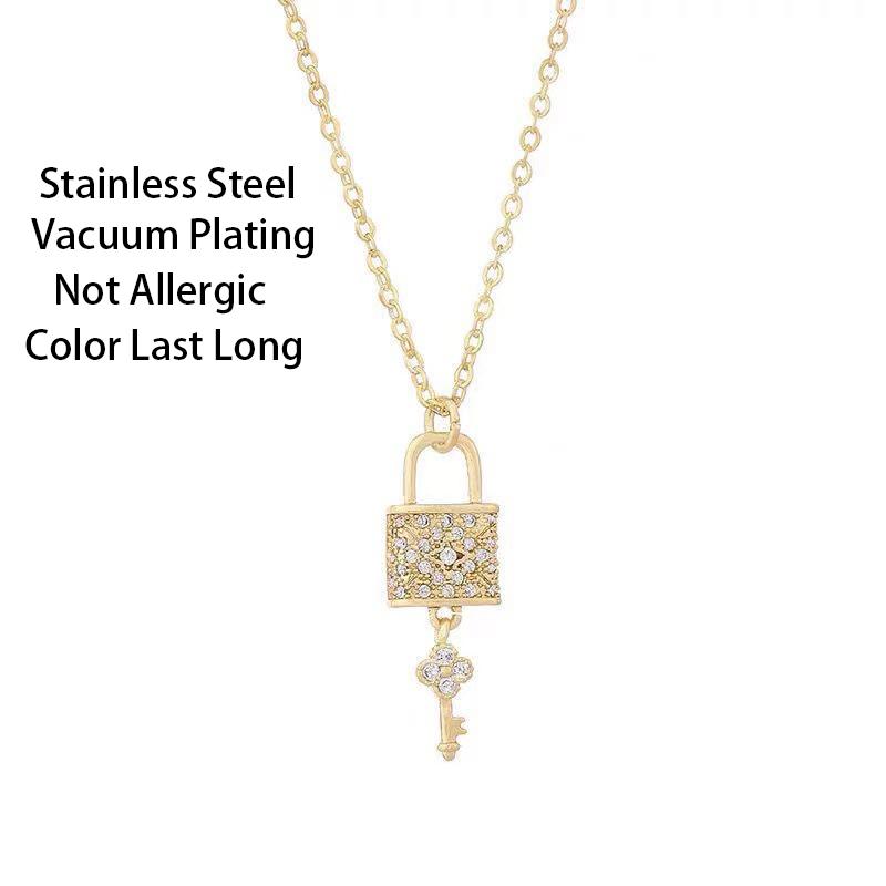 New Design Sense Light Luxury Zircon Crystal Lock Key Pendant Stainless Steel Necklaces For Women Sexy Party Neck Chain Jewelry