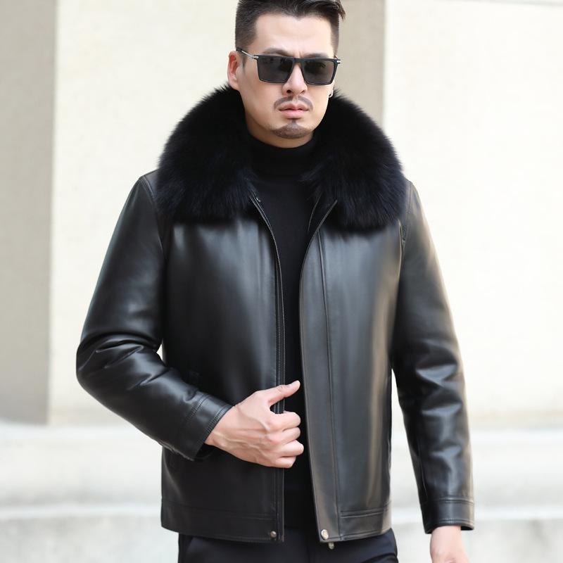 Leather jacket men s leather down jacket men s lapel leather jacket men s middle-aged men s winter new warm men s jacket 170/m suitable for 45-55kg