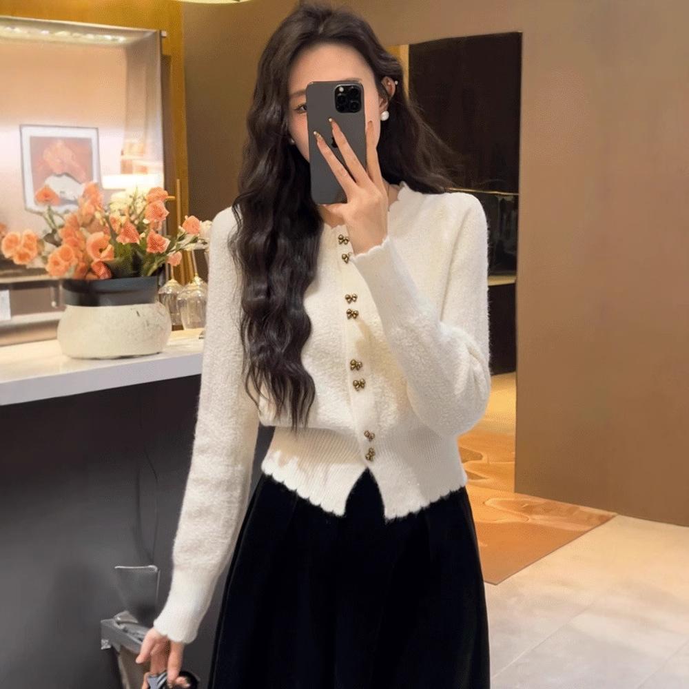 French small fragrant lace solid color short sweater jacket spring and autumn new top elegant wind knitted sweater women
