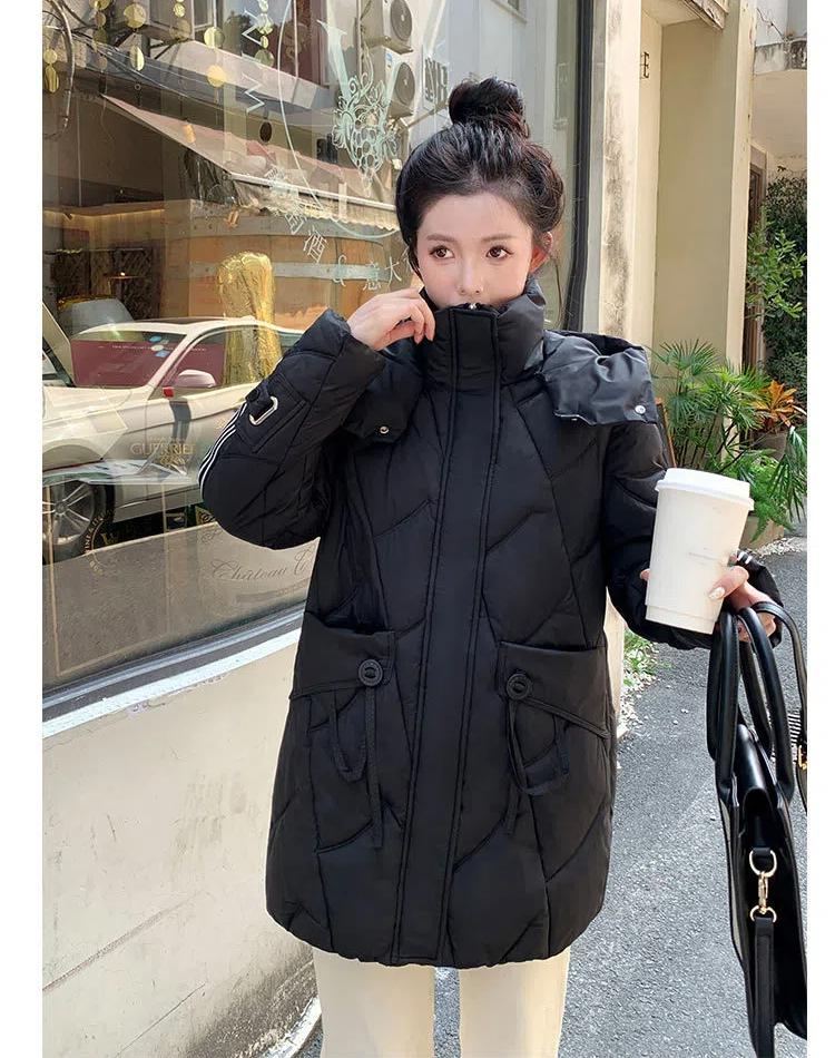 Women's Autumn and Winter Coat Solid Color Hooded Loose Thickened Windproof Mid-length Women's Jacket