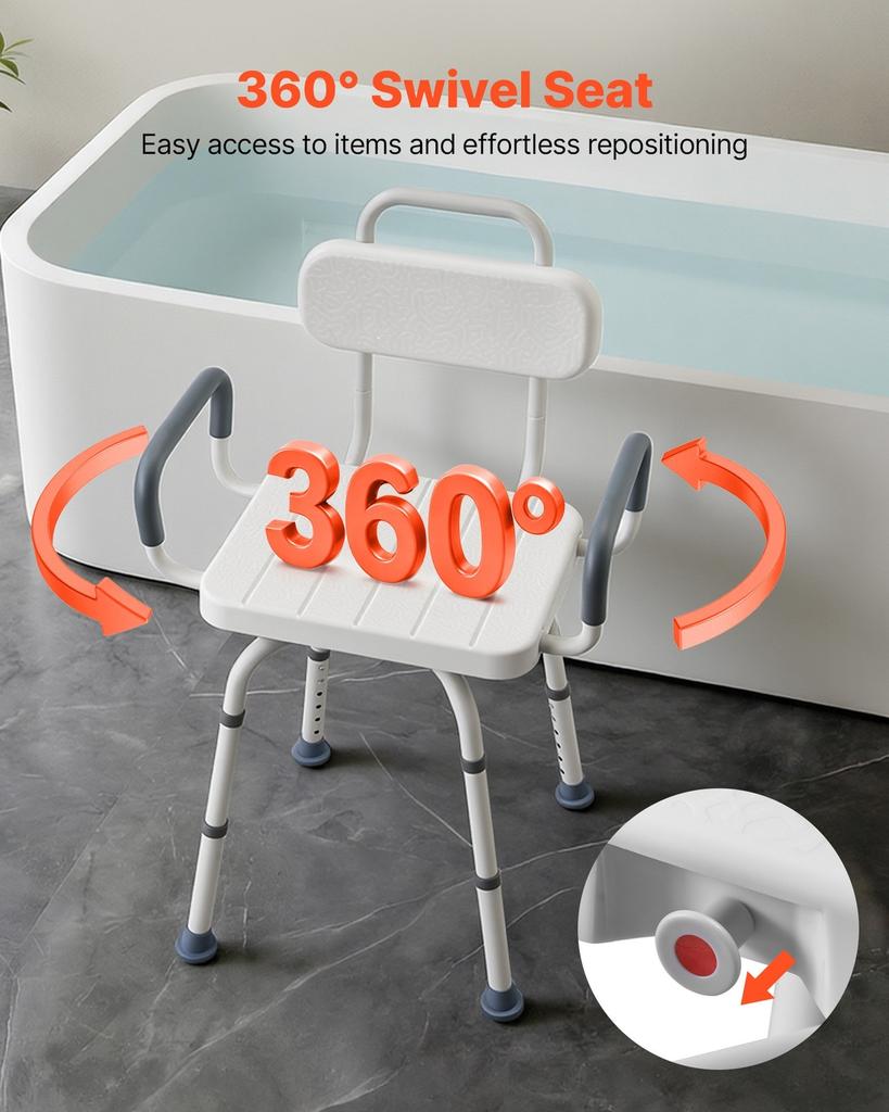 Swivel Shower Chair with Arms and Back, 180 kg Load Heavy Duty Bench Seat for Inside Shower Stall and Bathtub, Height Adjustable Bathroom Bath Tub