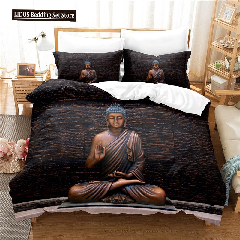 Buddha Statue Duvet Cover Set 3D Digital Printing Gold Queen King Size Bedding Set For Kids Boys Girls Polyester Comforter Set