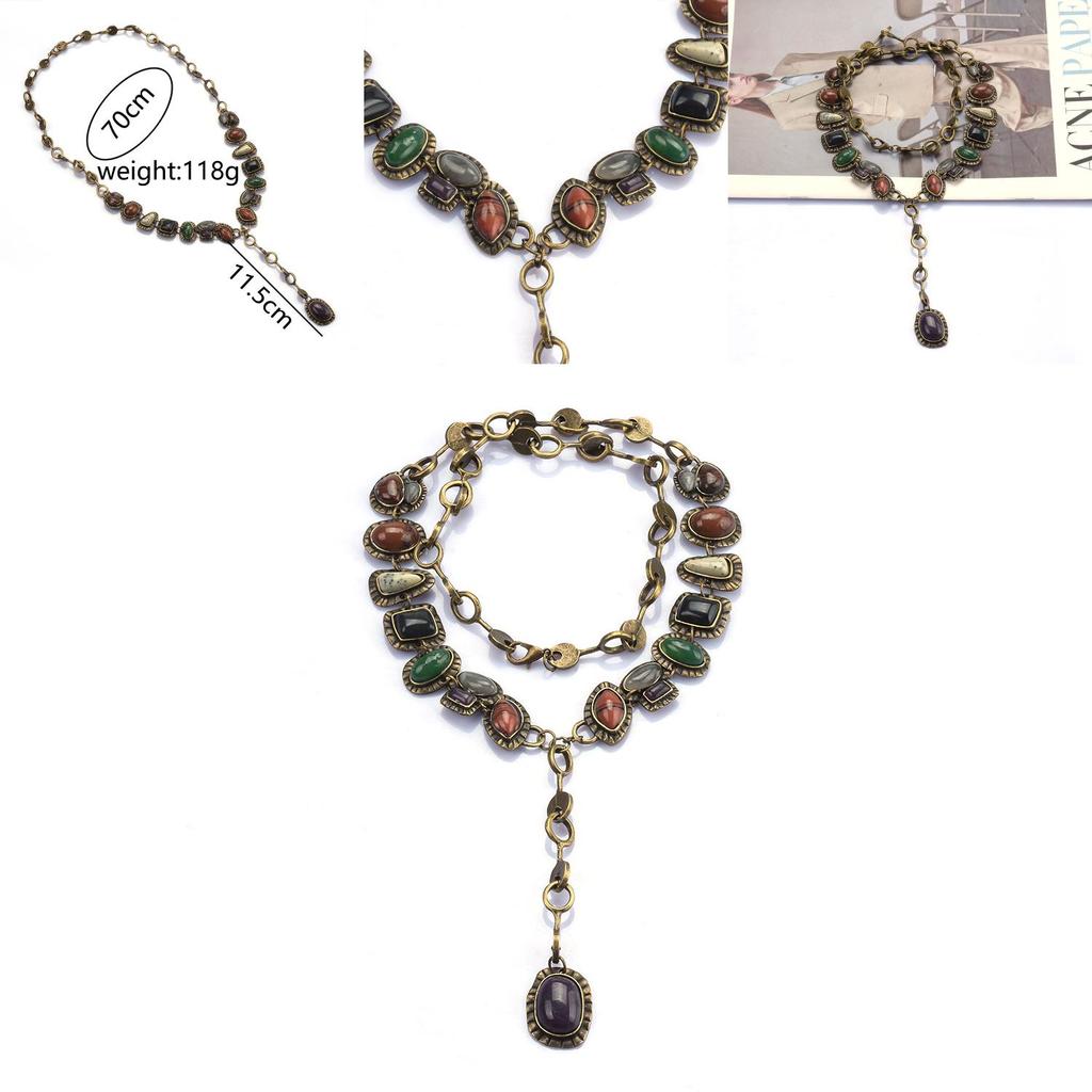 Bohemian Style Long Metal Necklace With Gem Accents For Women Summer Wear