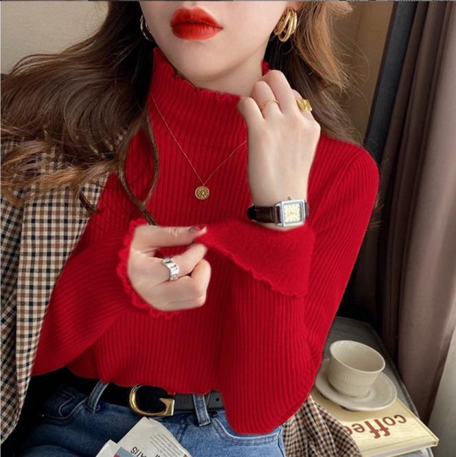 

Цельный флисовый материал 2025 осень и зима новый стиль плюс бархат утолщенный цельный флис женский полувысокий воротник базовая кофта One Size красный