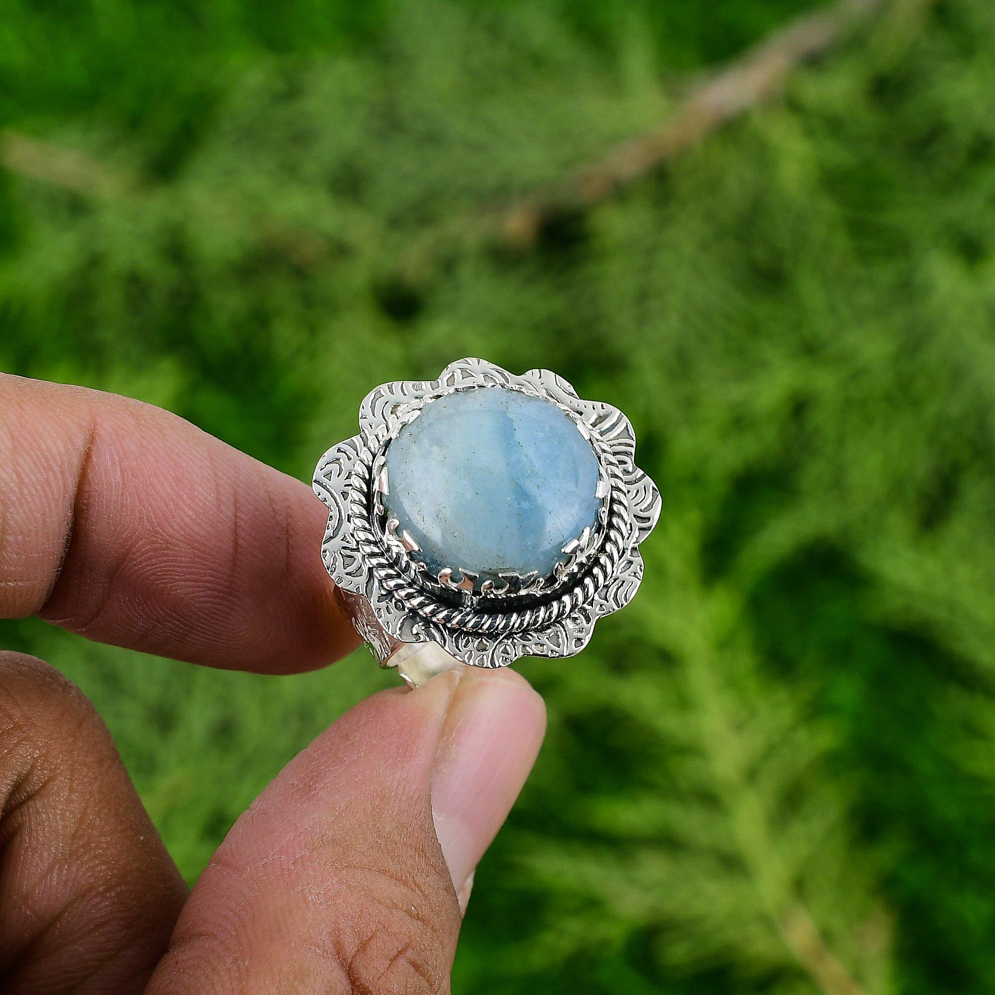 

925 Sterling Silver Aquarmarine Stone Birthday Elegant Promise Statement Ring Adjustable