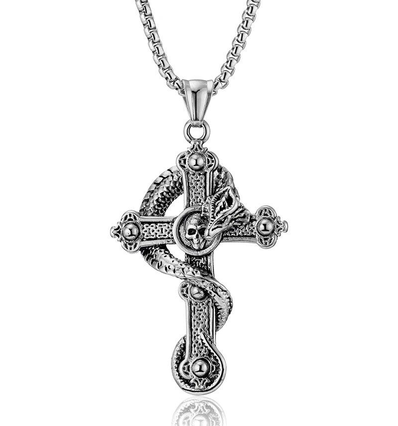 Retro Unisex Titanium Steel Divine Dragon Cross Pendant Necklace