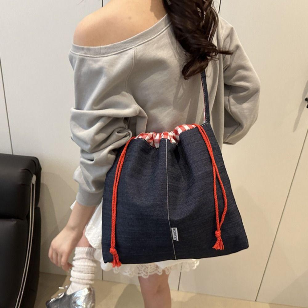 Cloth Drawstring Bucket Bag Retro Tote Bag Portable Denim Canvas Bag  Women