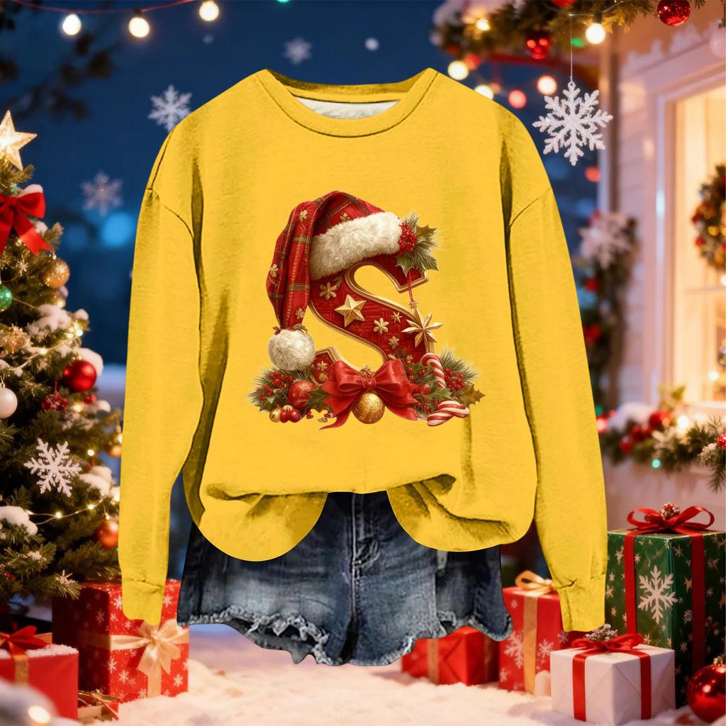 Women's Fashionable Casual Long-Sleeved Christmas Letter Print Crew-Neck Sweatshirt