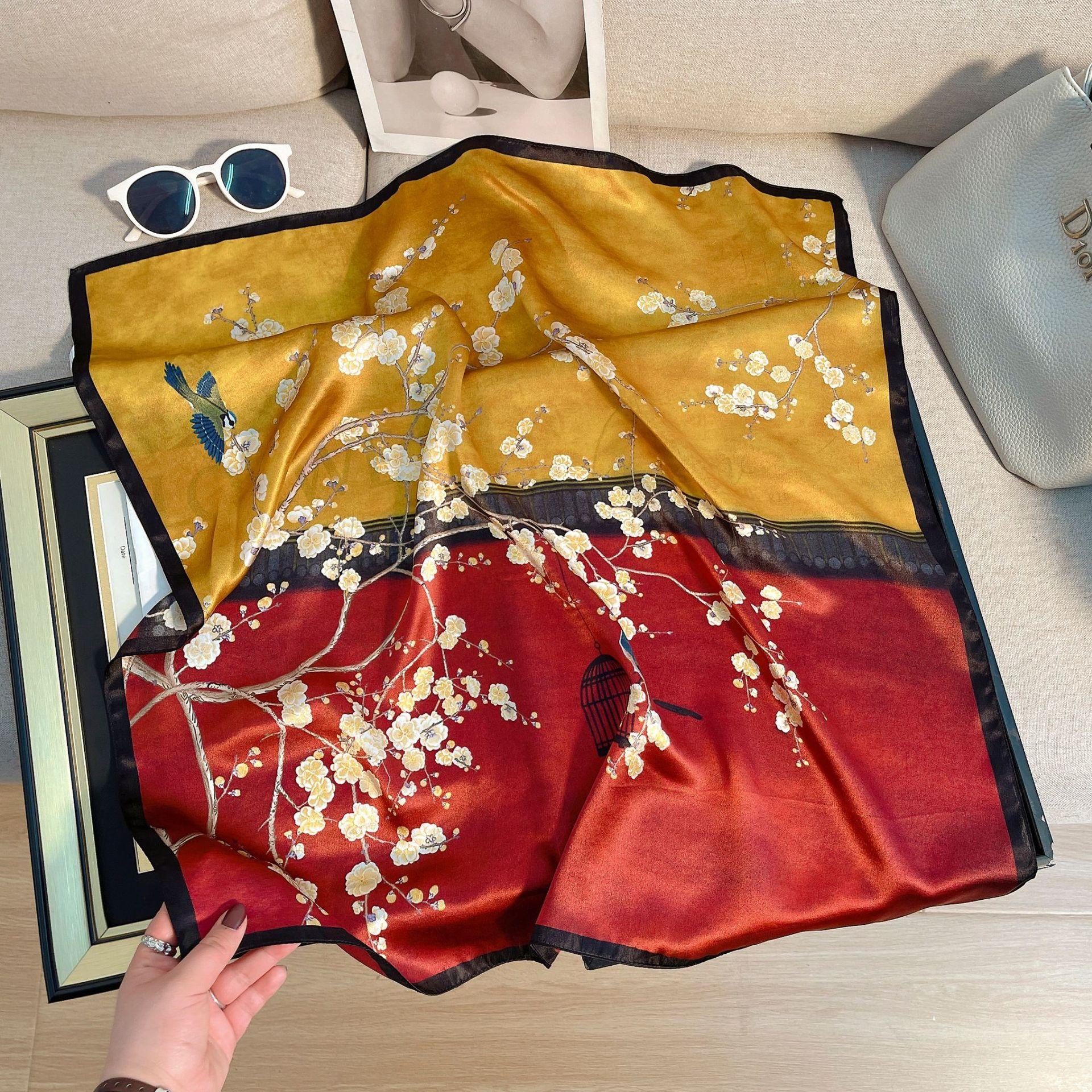 Elegant classical style magpie plum blossom silk silk scarf female red splicing mulberry silk scarf 68cm gift square scarf