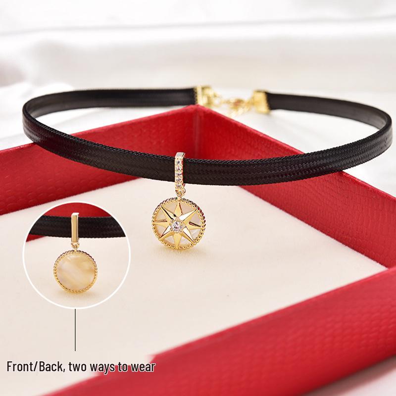 Korean Black Leather Choker Compass Necklace for Women