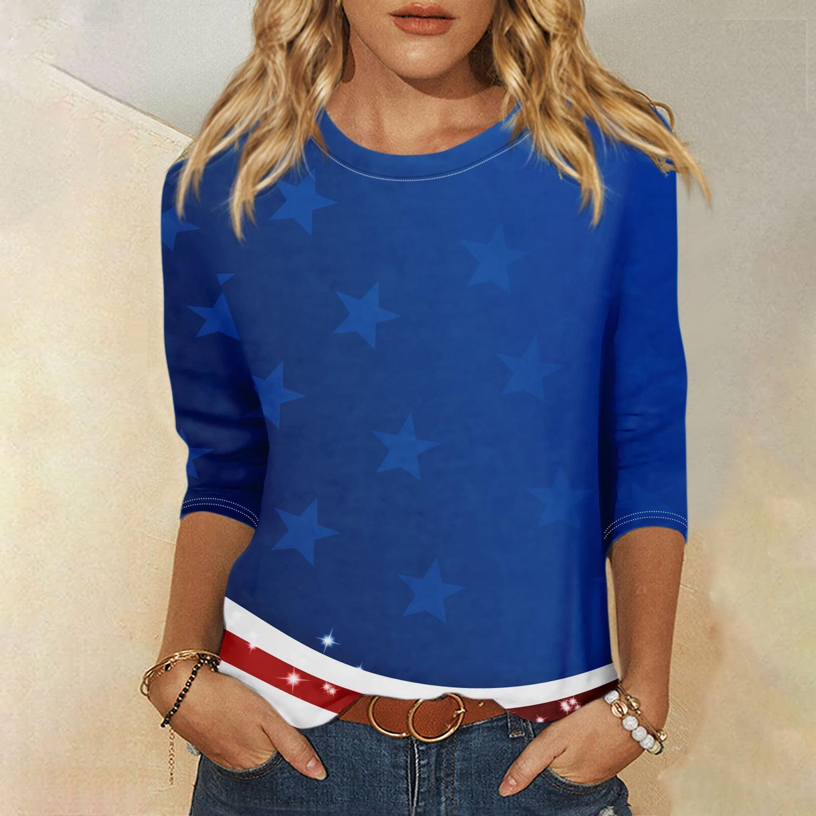 

Женская модная повседневная свободная футболка с круглым вырезом и рукавами 3/4 с принтом, женский топ M синий