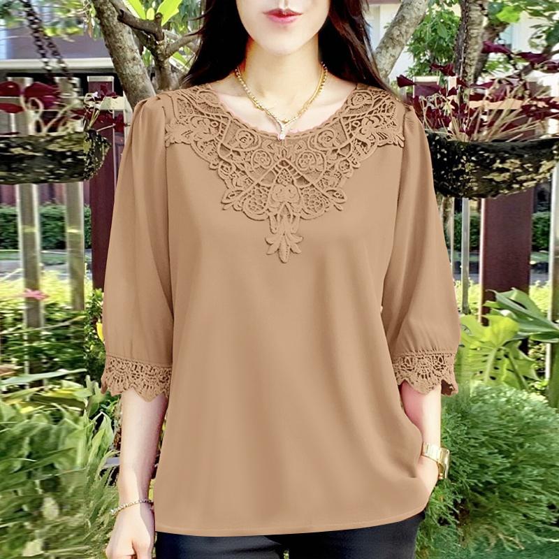 ZANZEA Women Crochet Patchwork Round Neck Casual Half Sleeve Blouse