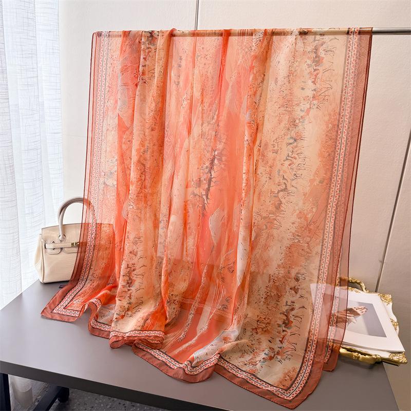 Hongqimeng Encryption Yourou Yarn Printing Spring And Summer Silk Scarf Large Long Scarf Travel Shawl Sun Protection Women'S Scarf Headscarf