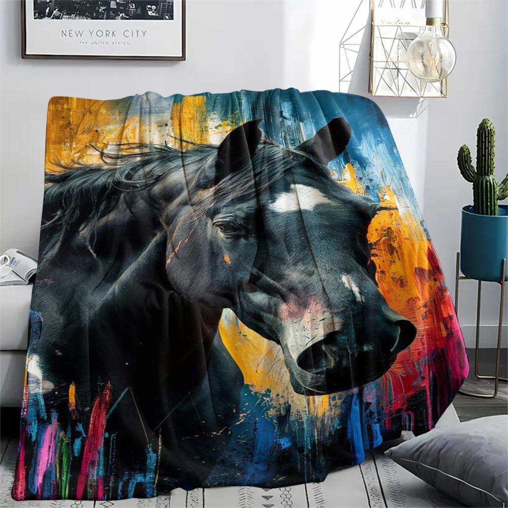 1Pc Black Horse Print Flannel Blanket, High Quality Comfortable for All Seasons, Home Decor, Warmth and Comfort, Perfect for Gifts