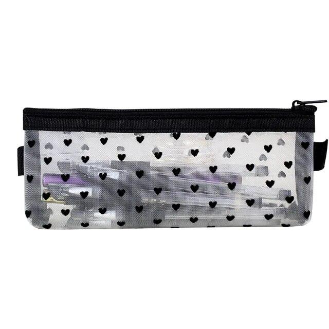 

Сетчатый пенал, косметичка, косметичка, прозрачный многофункциональный органайзер, папка на молнии, черный пенал с сердечком, сумка для хранения