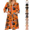 Damen Freizeit-Reißverschluss-Bademantel mit Dreiviertelärmeln und Taschen, Leichte knielange Halloween-Print Loungewear
