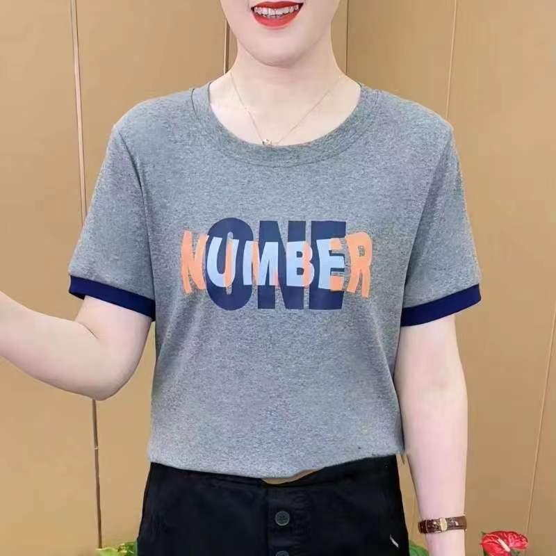 

2025 лето новая мода короткий рукав круглый вырез принт контрастные цвета универсальная и тонкая прикрывающая недостатки возрастающая футболка с коротким рукавом M серый