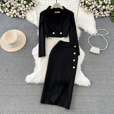 Women New Fashion Spring Autumn Elegant Short Blazer Jacket Coat + Long Midi Split Pencil Skirt Two Piece Set