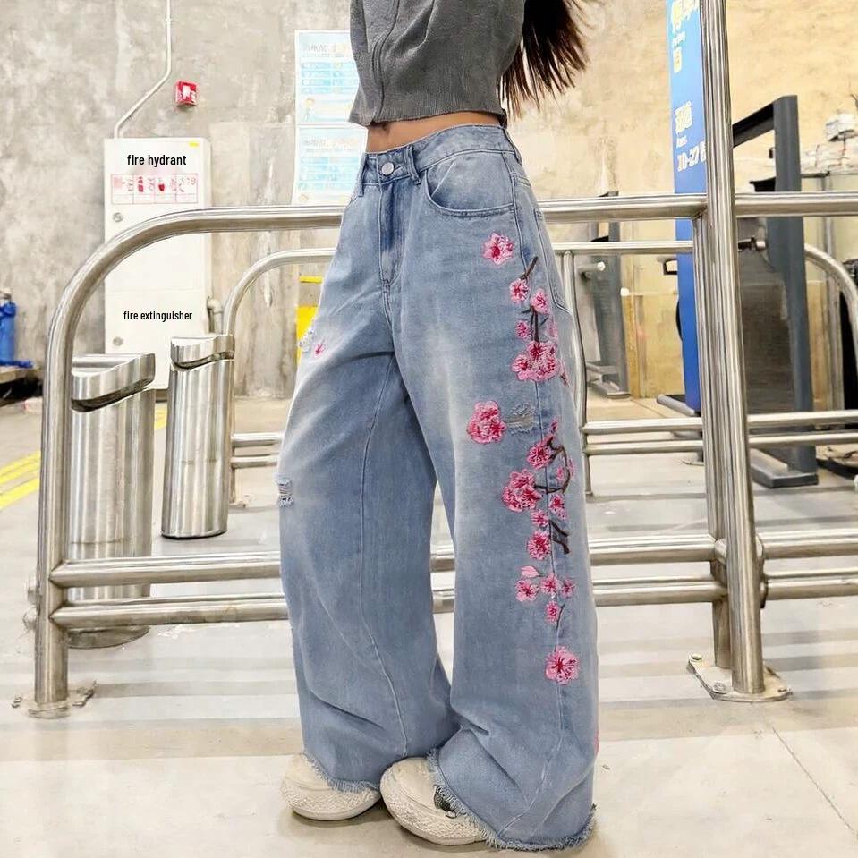 New Women's Straight Leg Embroidered Jeans - European & American Street Style, Non-Stretch, Hot Item