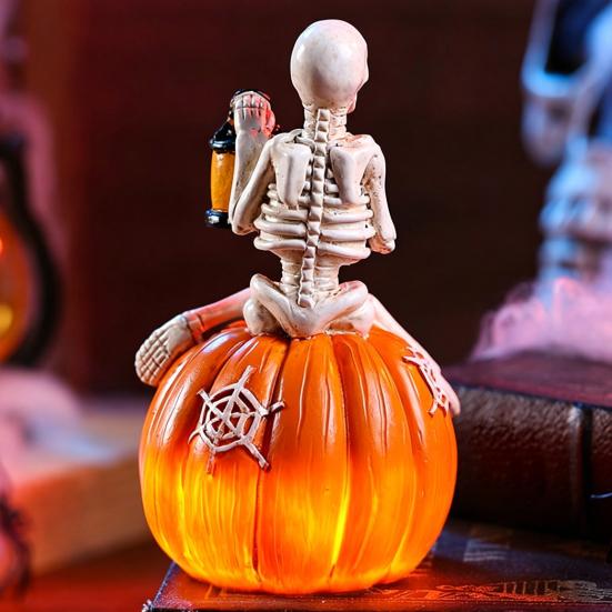 Halloween Pumpkin Skeleton Figurine, LED Light-Up Decorative Pumpkin Lantern, Spooky Holiday Decoration for Halloween Parties & Ghost Festivals