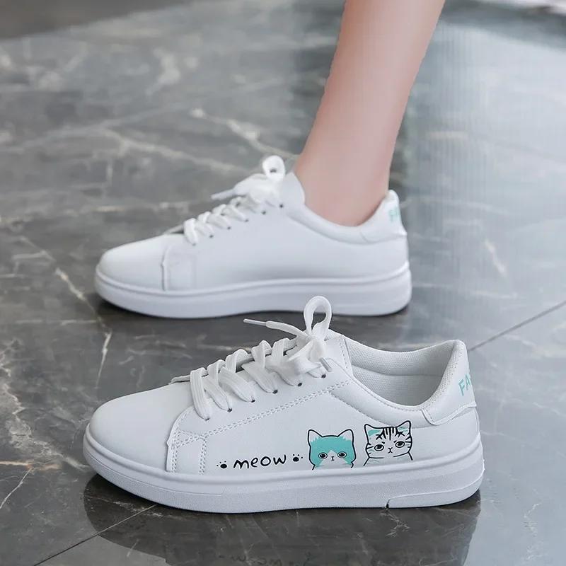 Cat Pattern Breathable Women's Casual Shoes Spring Summer New Style Korean Flat Platform Sneakers Student Sports Shoes