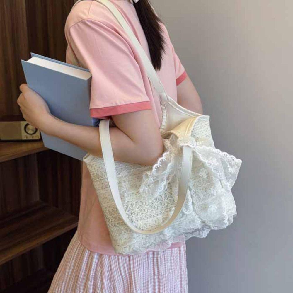 Korean Style Lace Shoulder Bag With Ribbon Large Capacity Bag Simple Canvas Handbag Travel