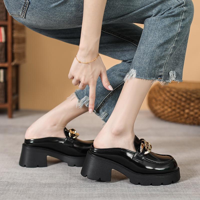 Leather Half Slippers Women's Outer Wear Summer New Fashion Chain Bag Head Cool Slippers Thick Heel Platform Shoes
