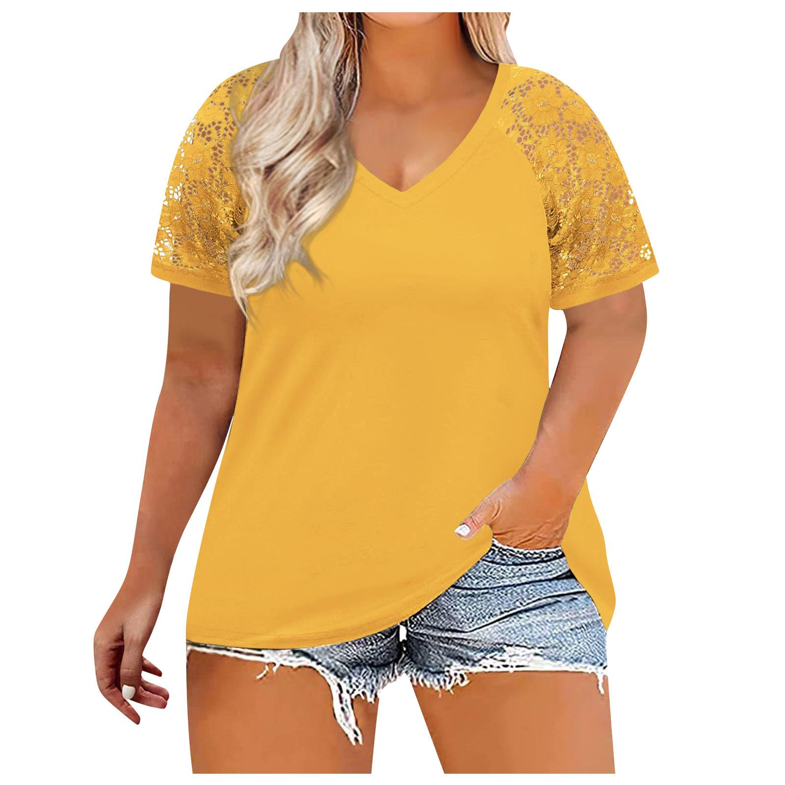 

Топы больших размеров для женщин, летние повседневные рубашки с v-образным вырезом, кружевные футболки с короткими рукавами XL жёлтый