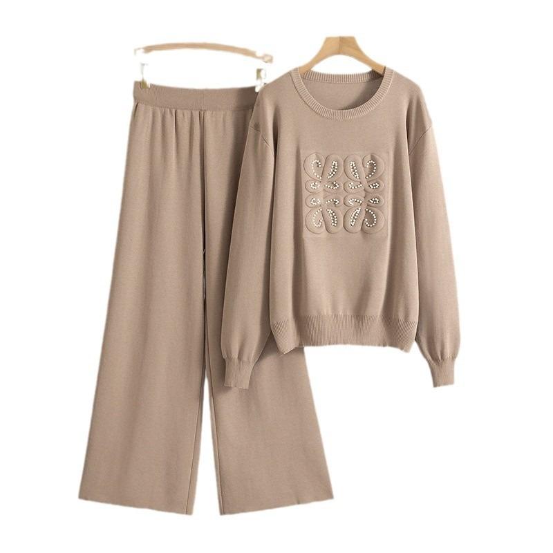 Plus Size Women's New Autumn Knit Sweater Wide Leg Pants Fashion Simple Temperament Two Piece Suit