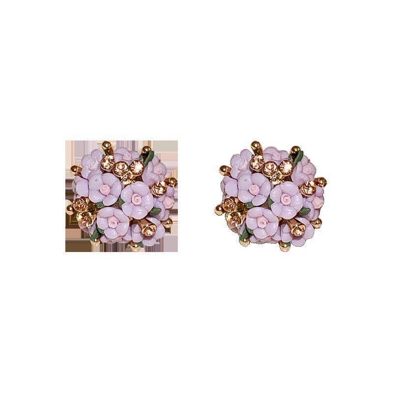 Silver Needle Diamond Ceramic Flower Cluster Earrings: Niche Fashion Fresh Studs