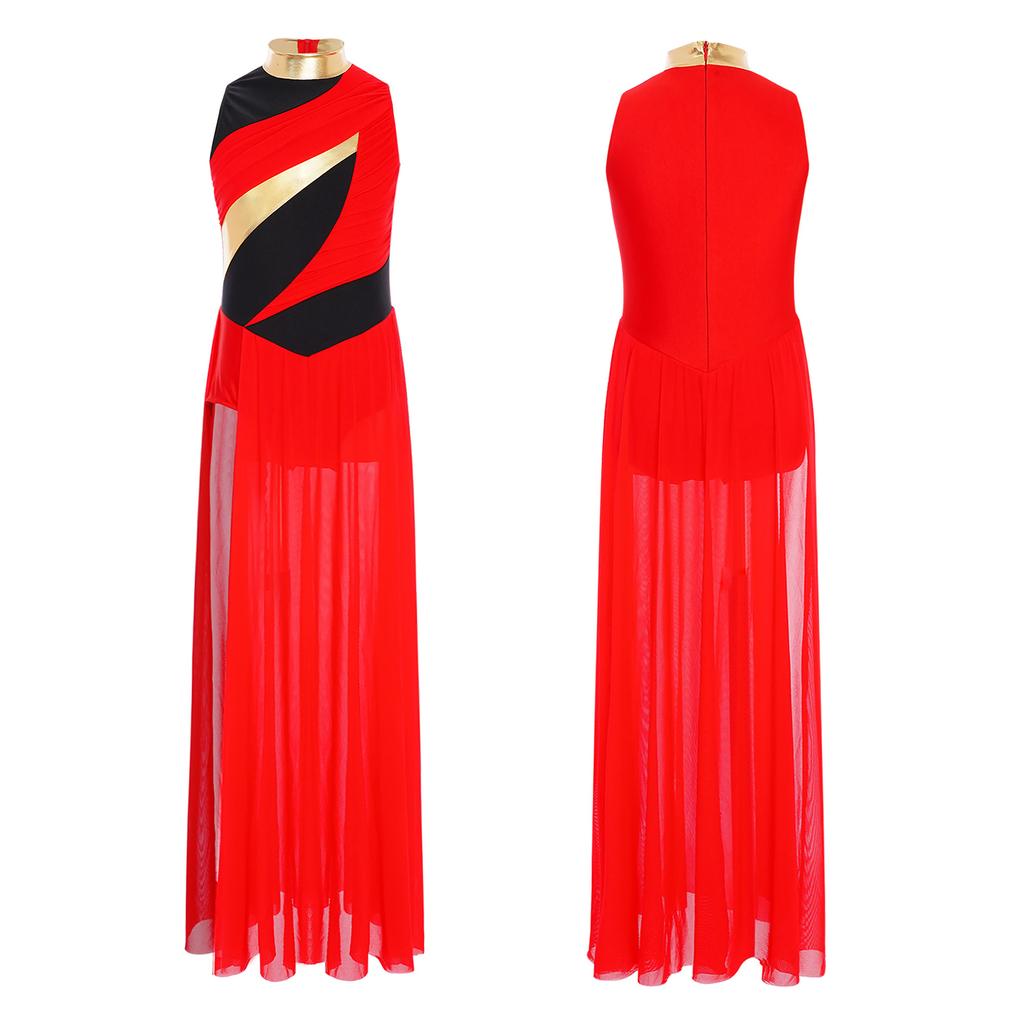 Zeitgenössisches Tanzkleid für Mädchen: Hoher Kragen mit gerafftem Netz-Oberteil, Seitenschlitz & Colorblocking-Design für Bühnenauftritte