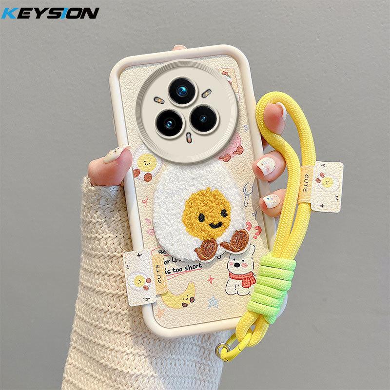 KEYSION Cartoon Cute Plush Embroidery Case for Realme 14 Pro+ 5G with Lanyard Shockproof Phone Cover for OPPO Realme 14 Pro 5G
