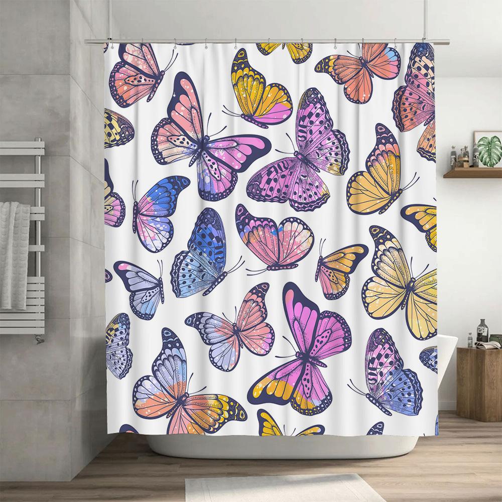 Beautiful Butterfly Pattern Shower Curtain Purple Pink Yellow Blue Flowers Decorative Bathroom Fabric Waterproof Tpu Membrane Wa