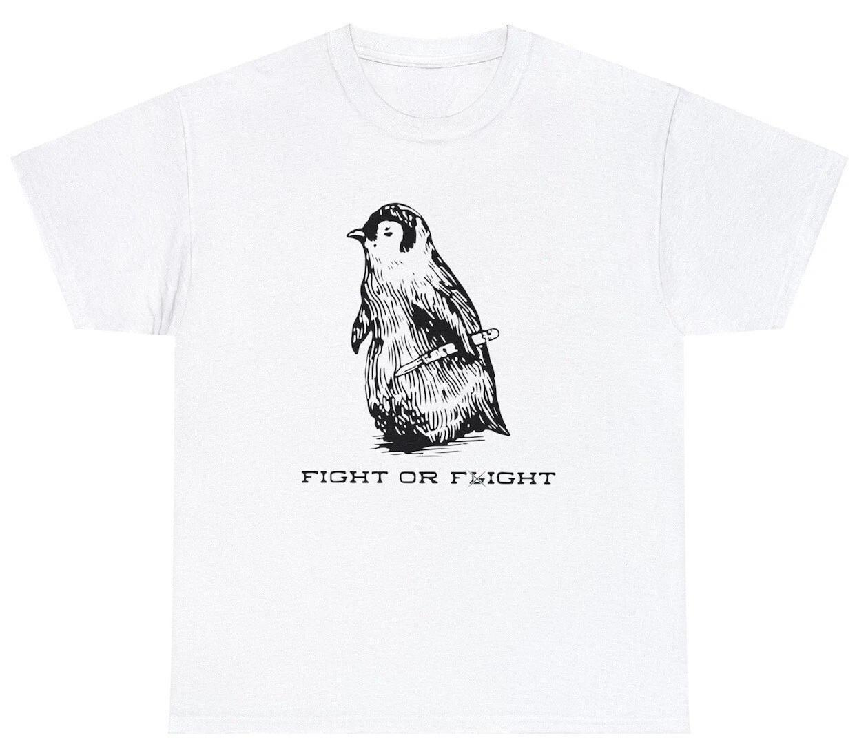 Whimsical Penguin Fight or Flight Tee | Funny Graphic Humor Shirt for Adults M