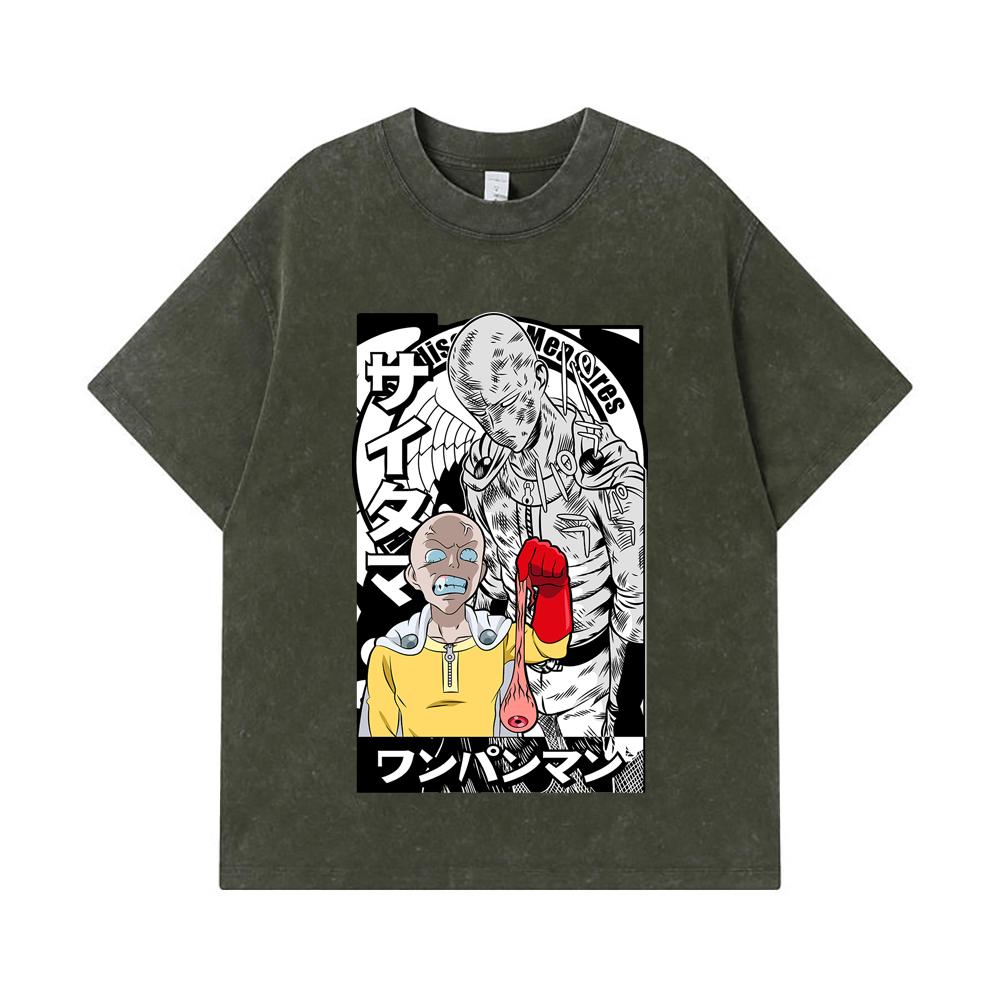 

275 GSM Washed T-shirts 100% Cotton One Punch Man V6 Saitama Print Unisex Heavy Cotton T Shirt S армия зеленый