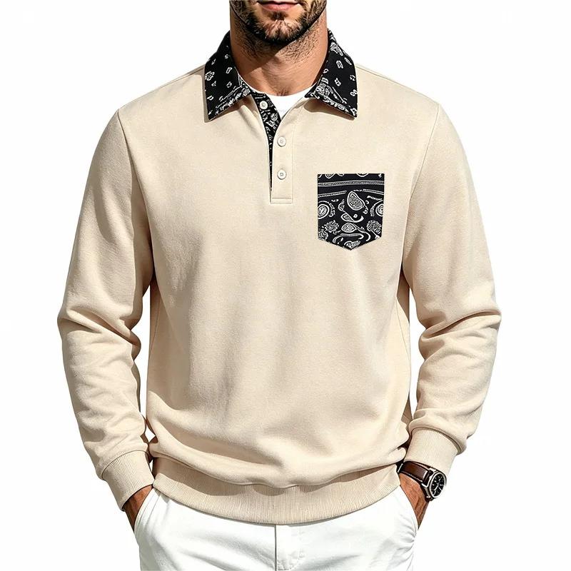 Men’s Autumn/Winter Casual Lapel Hoodie – West Coast Cashew Flower Patch Pocket Long-sleeved Top