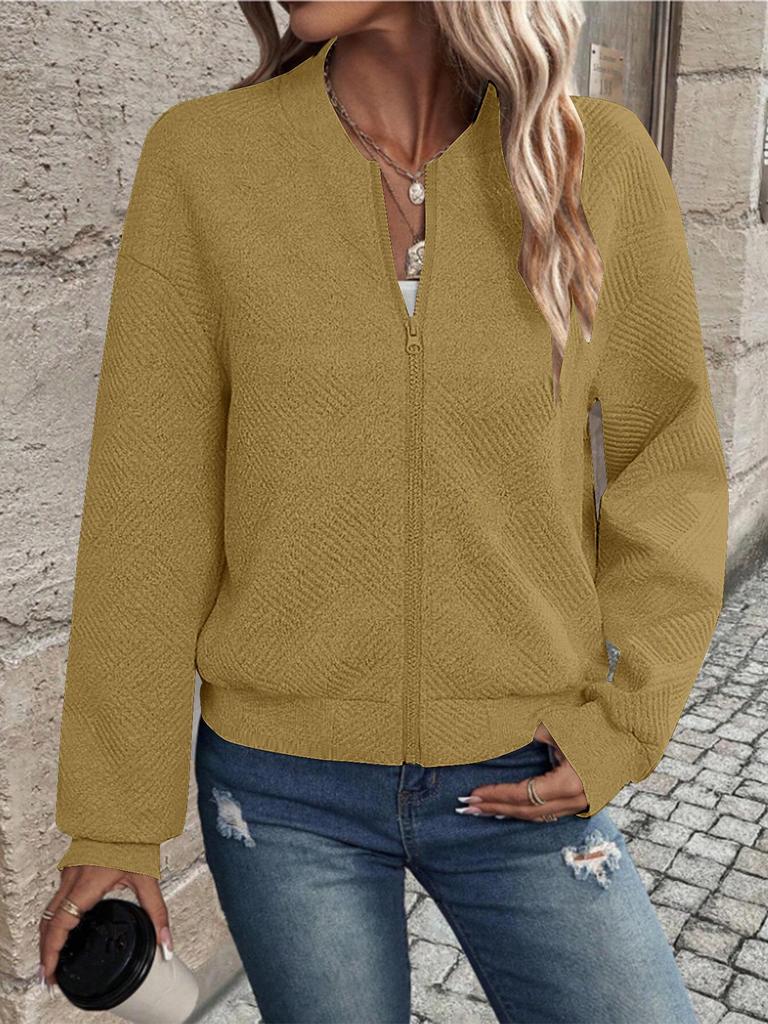 2025 Damen Frühling/Herbst Gestrickter Langarm-Cardigan mit Reißverschluss-Detail und einfarbigem Design.